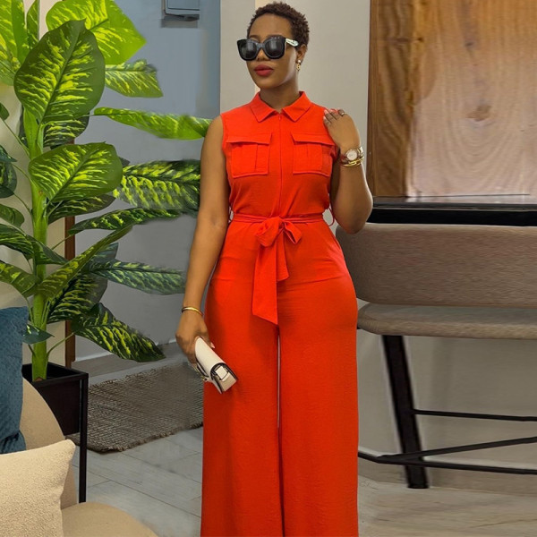 SC Lapel Loose Sleeveless Solid Color Jumpsuit GCNE-7041