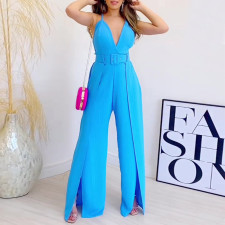 SC Solid Color V Neck Sling Loose Jumpsuit(Without Belt) GCNE-3079
