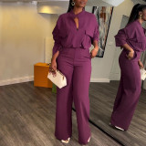 SC Solid Color Long Sleeve Wide Leg Pants Suit GCNE-6993