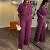 SC Solid Color Long Sleeve Wide Leg Pants Suit GCNE-6993