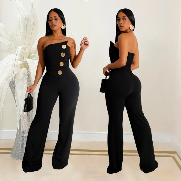 SC Sleeveless Buttoned Solid Color Jumpsuit BY-7105