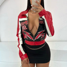 SC Embroidered Print Lapel Short Zipper Jacket XEF-54798