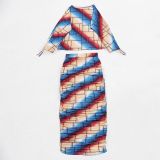 SC Printed Drawstring Shoulder Long Sleeve Skirt Two Piece Set NY-10910