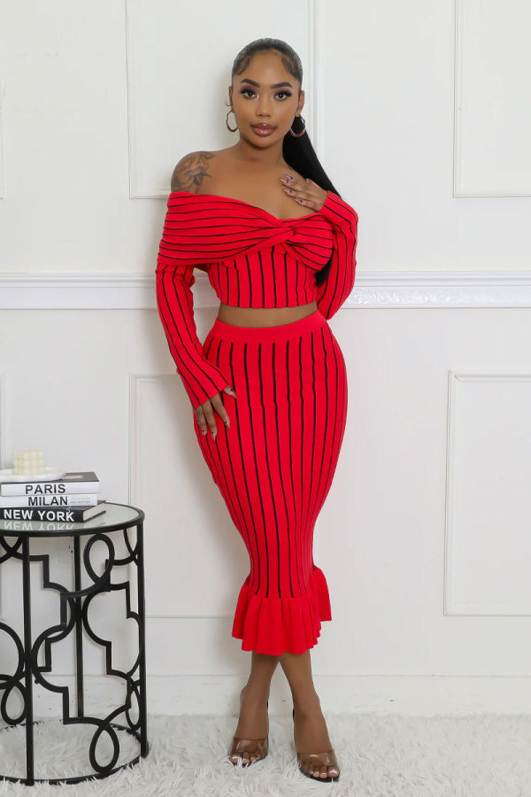 SC Stripe Print Off Shoulder Two Piece Skirt Set XHXF-8711