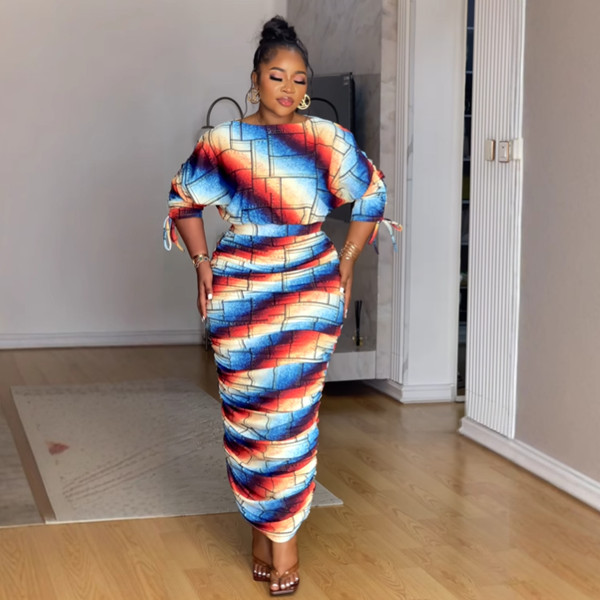 SC Printed Drawstring Shoulder Long Sleeve Skirt Two Piece Set NY-10910