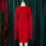 SC Plus Size Solid Round Neck Pleated Shawl Evening Dress GMLF-3303