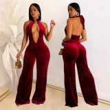 SC Solid Color Deep V Neck Backless Jumpsuit BY-7101