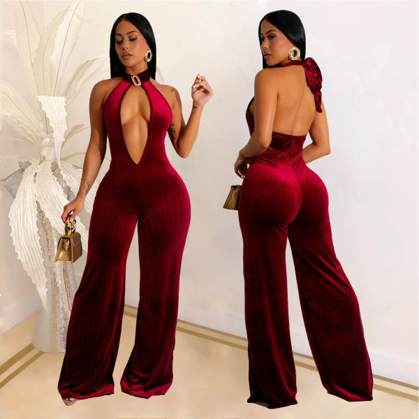 SC Solid Color Deep V Neck Backless Jumpsuit BY-7101