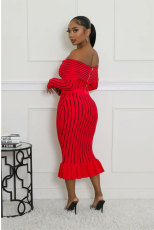 SC Stripe Print Off Shoulder Two Piece Skirt Set XHXF-8711