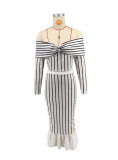 SC Stripe Print Off Shoulder Two Piece Skirt Set XHXF-8711