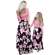 SC Long Sleeve Parent-child Color Block Floral Print Maxi Dress GFTM-8029