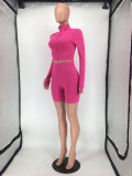 SC Solid Color Long Sleeve Skinny Two Piece Shorts Set SMD-2503