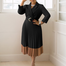 SC Plus Size Blazer Collar Press Pleated Midi Dress GATE-538