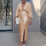 SC Plus Size V Neck Sequin Long Dress GATE-540
