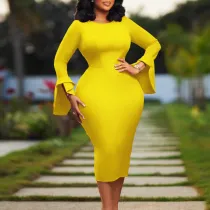 SC Long Sleeve Solid Color Slim Midi Dress GATE-537