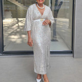 SC Plus Size V Neck Sequin Long Dress GATE-540