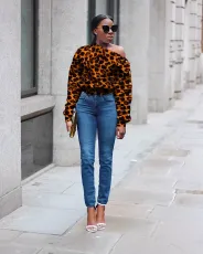 SC Leopard Print Slash Shoulder Tie Sweatshirt SMD-2501