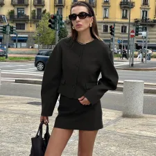 SC Fashion Solid Color Long Sleeve Skirt Two Piece Set BLG-S4917531A