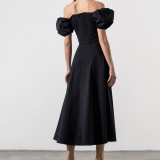 SC Bubble Sleeve Solid Color Tie Split Midi Dress GRST-8141