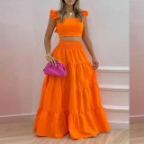 SC Plus Size Solid Color Tops Big Swing Skirt Two Piece Set GRST-8114