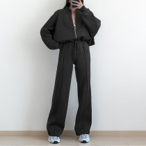 SC Solid Long Sleeve Zipper Loose Two Piece Pant Set GRST-28695