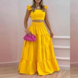 SC Plus Size Solid Color Tops Big Swing Skirt Two Piece Set GRST-8114