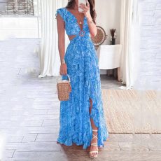 SC Plus Size Wrap Chest Print V Neck Split Maxi Dress GRST-24317