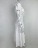 SC Bubble Sleeve Solid Color Tie Split Midi Dress GRST-8141
