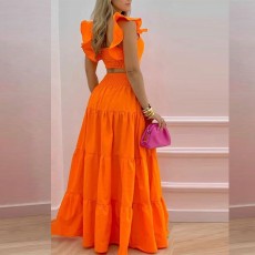 SC Plus Size Solid Color Tops Big Swing Skirt Two Piece Set GRST-8114