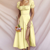 SC Bubble Sleeve Solid Color Tie Split Midi Dress GRST-8141