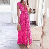 SC Plus Size Wrap Chest Print V Neck Split Maxi Dress GRST-24317
