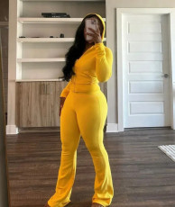 SC Rib Zipper Hooded Flare Pants Two Piece Set LSD-2277