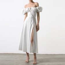 SC Bubble Sleeve Solid Color Tie Split Midi Dress GRST-8141