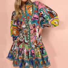 SC Plus Size Print Ruffles Long Sleeve Mini Dress GRST-25278