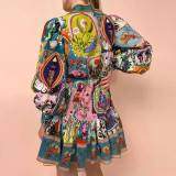 SC Plus Size Print Ruffles Long Sleeve Mini Dress GRST-25278