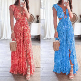 SC Plus Size Wrap Chest Print V Neck Split Maxi Dress GRST-24317
