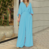 SC Plus Size Solid Color V Neck Loose Jumpsuit GRST-22145