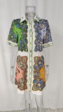 SC Plus Size Print Lapel Single-breasted Midi Dress GRST-24545