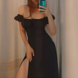 SC Bubble Sleeve Solid Color Tie Split Midi Dress GRST-8141