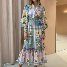 SC Plus Size Painted Printed Fashion Long Sleeve Midi Dress GRST-24540