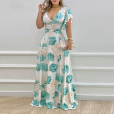 SC Plus Size Print V Neck Big Swing Maxi Dress GRST-9040