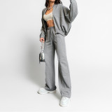 SC Solid Long Sleeve Zipper Loose Two Piece Pant Set GRST-28695