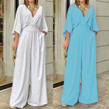 SC Plus Size Solid Color V Neck Loose Jumpsuit GRST-22145