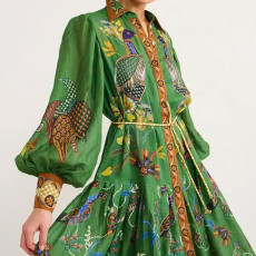 SC Plus Size Vintage Printed Lantern Sleeve Tie Up Maxi Dress GRST-25110