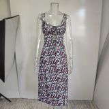 SC Plus Size Print Sling Split Maxi Dress GRST-1312