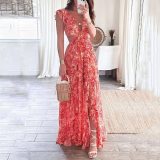 SC Plus Size Wrap Chest Print V Neck Split Maxi Dress GRST-24317