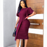 SC Plus Size Ruffles Sleeve Solid Color Bodycon Dress GCZF-D072M