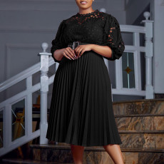 SC Plus Size Lace Hollow Out Press Pleated Midi Dress GCZF-D254-C2