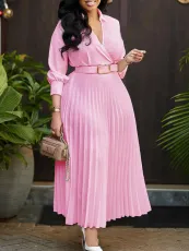 SC Plus Size Solid Color V Neck Pleated Belt Maxi Dress GCZF-8590
