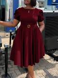 SC Plus Size Short Sleeve Bubble Sleeve Midi Dress GCZF-8601